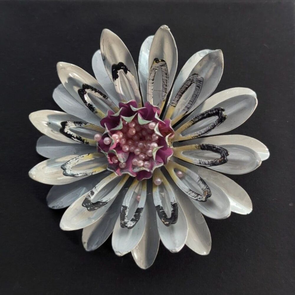 Artisan Brooch White and Pink Metal Flower